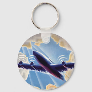 Vintage Travel, Aeroplane Flying in Clouds in Sky Key Ring