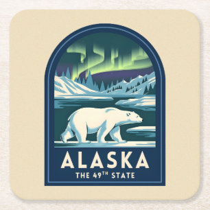 Vintage Travel Alaska Northern Lights Polar Bear Square Paper Coaster