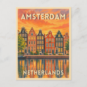 Vintage Travel Amsterdam Netherlands Retro Sunset Postcard
