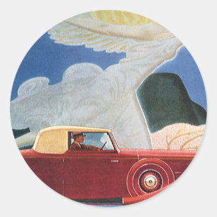 Vintage Travel, Antique Red Car with Cloud Woman Classic Round Sticker