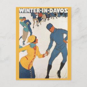 Vintage Travel, Art Deco, Winter Davos Switzerland Postcard