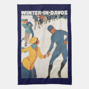 Vintage Travel, Art Deco, Winter Davos Switzerland Tea Towel