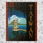 Vintage Travel Asia, Taiwan Pagoda Tiered Tower Jigsaw Puzzle<br><div class="desc">Vintage illustration Asian travel poster or luggage label from Taiwan featuring traditional architecture with a pagoda building overlooking the ocean and a mountain island in the distance. Taiwan (meaning "beautiful island" in Portuguese) is an island located in East Asia between the South China Sea and the East China Sea off...</div>