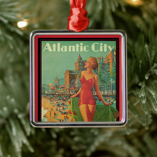 Vintage Travel, Atlantic City Resort Beach Blonde Metal Ornament