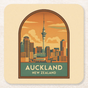 Vintage Travel Auckland New Zealand City Retro Square Paper Coaster