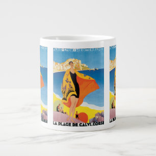 Vintage Travel, Beach Vacation at Calvi, Corsica Large Coffee Mug