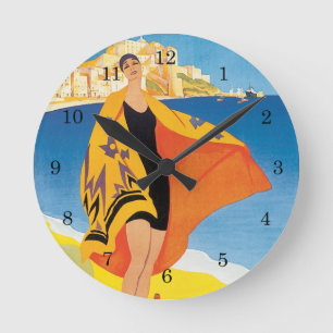 Vintage Travel, Beach Vacation at Calvi, Corsica Round Clock