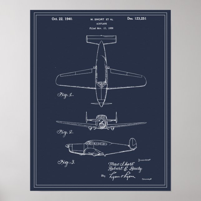 Vintage Travel Blueprint Art 1940 Airplane Patent Poster (Front)