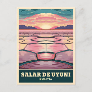 Vintage Travel Bolivia Uyuni Salt Flat Sunset Postcard