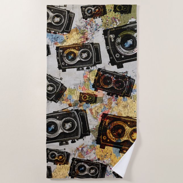 Vintage Travel Camera Pattern Beach Towel (Front)