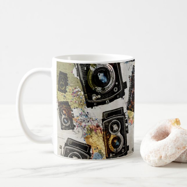 Vintage Travel Camera Pattern Coffee Mug (With Donut)