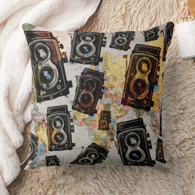 Vintage Travel Camera Pattern Cushion (Blanket)