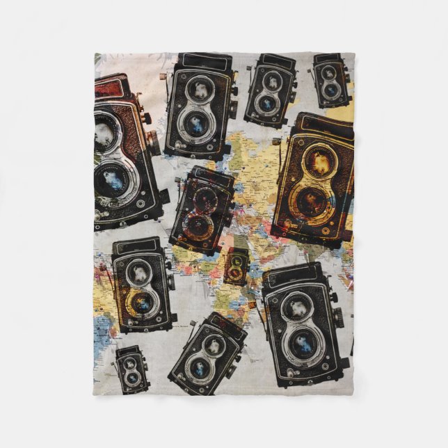 Vintage Travel Camera Pattern Fleece Blanket (Front)