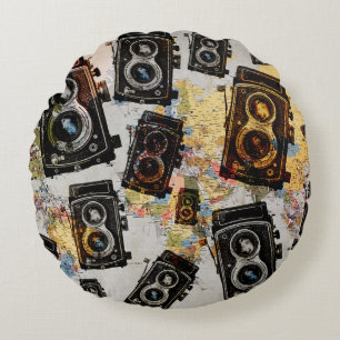Vintage Travel Camera Pattern Round Cushion