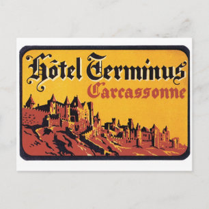 Vintage Travel Carcassonne France Hotel Label Art Postcard