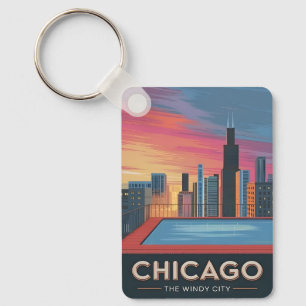 Vintage Travel Chicago Sunset Skyline Cityscape Key Ring