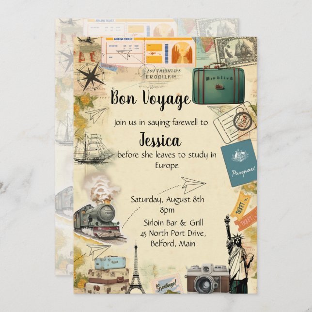 Vintage Travel Collage Bon Voyage Party Invitation (Front/Back)