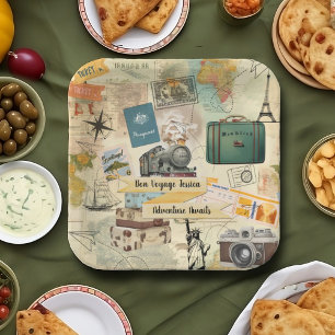 Vintage Travel Collage Paper Plate