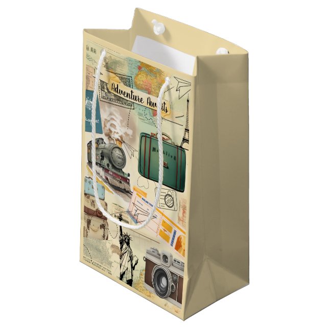 Vintage Travel Collage Small Gift Bag (Front Angled)