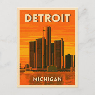 Vintage Travel Detroit Michigan Cityscape Sunset Postcard