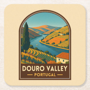 Vintage Travel Douro Valley Portugal Retro Scenic Square Paper Coaster