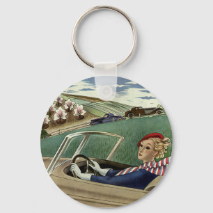 Vintage Travel, Elegant Woman in Convertible Car Key Ring