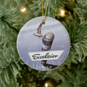 Vintage Travel Excelsior Hotel Zurich Switzerland Ceramic Tree Decoration