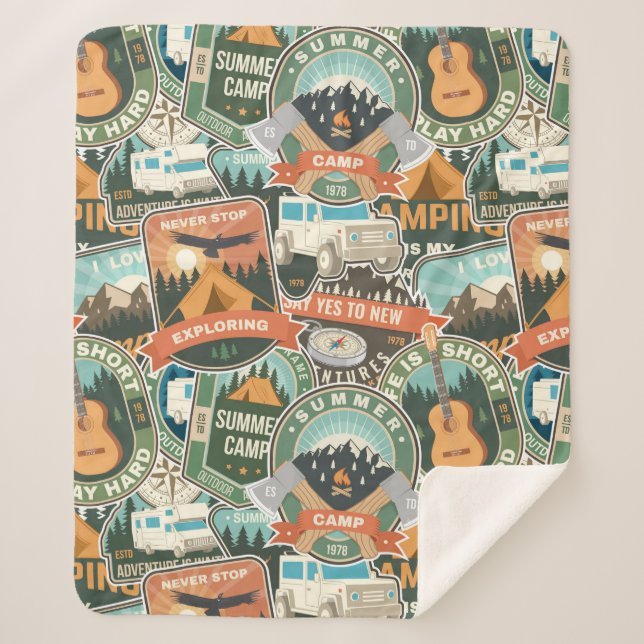 Vintage Travel Explorer Pattern Sherpa Blanket (Front)