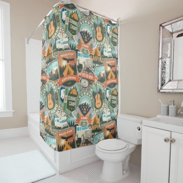 Vintage Travel Explorer Pattern Shower Curtain (In Situ)