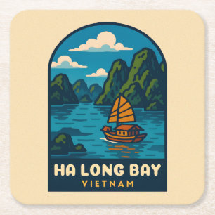 Vintage Travel Ha Long Bay Vietnam Retro Scenic Square Paper Coaster