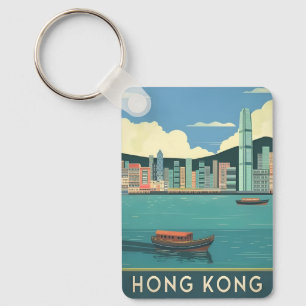 Vintage Travel Hong Kong China Retro Cityscape  Key Ring