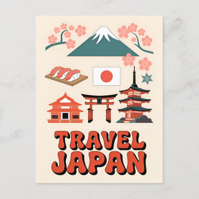 Vintage Travel Japan Iconic National Symbols Retro Postcard (Front)