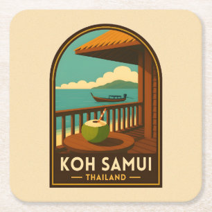 Vintage Travel Koh Samui Island Thailand Retro Square Paper Coaster