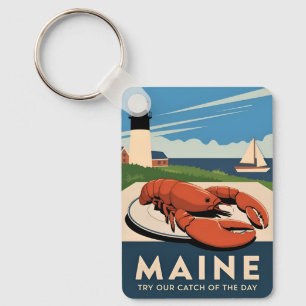 Vintage Travel Maine Lobster Seafood Retro Scenic Key Ring