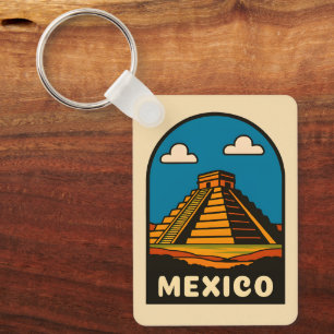 Vintage Travel Mexico Aztec Pyramid Retro Scenic Key Ring