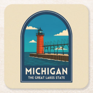 Vintage Travel Michigan Lighthouse Retro Scenic Square Paper Coaster