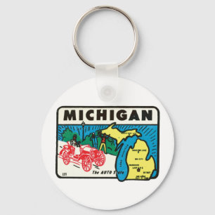 Vintage Travel Michigan MI Auto State Label Key Ring