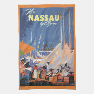 Vintage Travel, Nassau Harbour, Florida, Sailboats Tea Towel