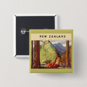 Vintage Travel, New Zealand Landscape Native Woman 15 Cm Square Badge