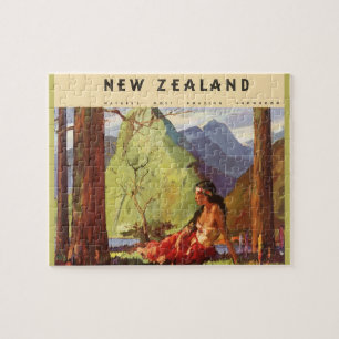 Vintage Travel, New Zealand Landscape Native Woman Jigsaw Puzzle