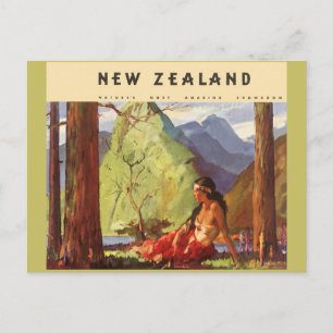 Vintage Travel, New Zealand Landscape Native Woman Postcard