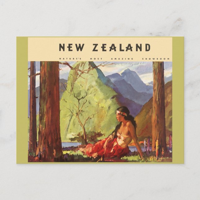 Vintage Travel, New Zealand Landscape Native Woman Postcard (Front)