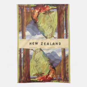Vintage Travel, New Zealand Landscape Native Woman Tea Towel
