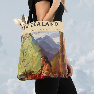 Vintage Travel, New Zealand Landscape Native Woman Tote Bag