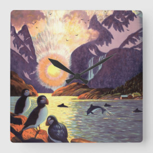 Vintage Travel, Norway Fjord Land of Midnight Sun Square Wall Clock
