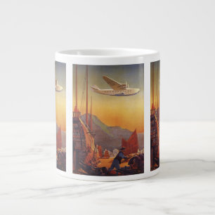 Vintage Travel, Plane Over Junks in Hong Kong Large Coffee Mug