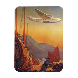 Vintage Travel, Plane Over Junks in Hong Kong Magnet