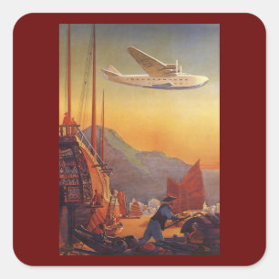 Vintage Travel, Plane Over Junks in Hong Kong Square Sticker