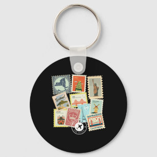 Vintage Travel Postage Stamps Vacation Philatelic Key Ring