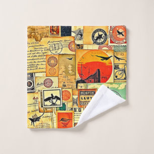 Vintage Travel Postcard Art Bath Towel Set
